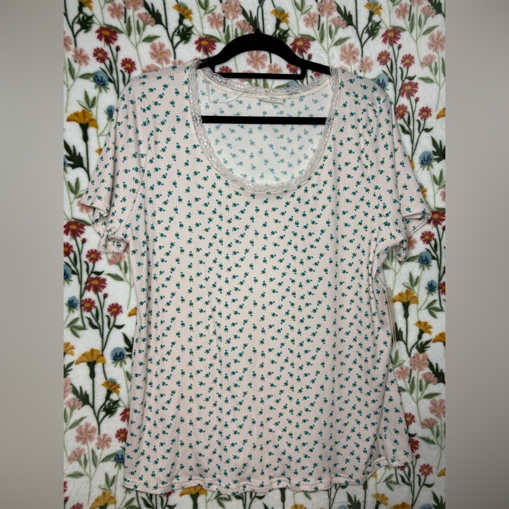 Free Kisses Pink Scoop Neck Top with Green Floral Print
